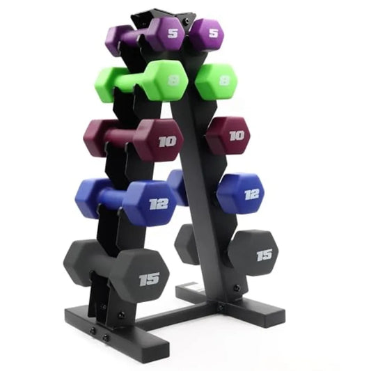 Barbell 100 LB Set of Neoprene Dumbbells with Rack Color Series 5, 8, 10, 12 and 15 LB pairs