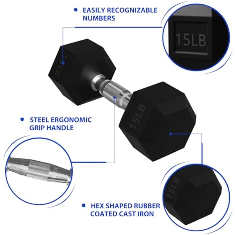 Rubber Encased Hex Dumbbells with Optional Rack, 10 15 20LB Pairs and 5, 10 and 15 Pairs Weight Sets for Home Gym