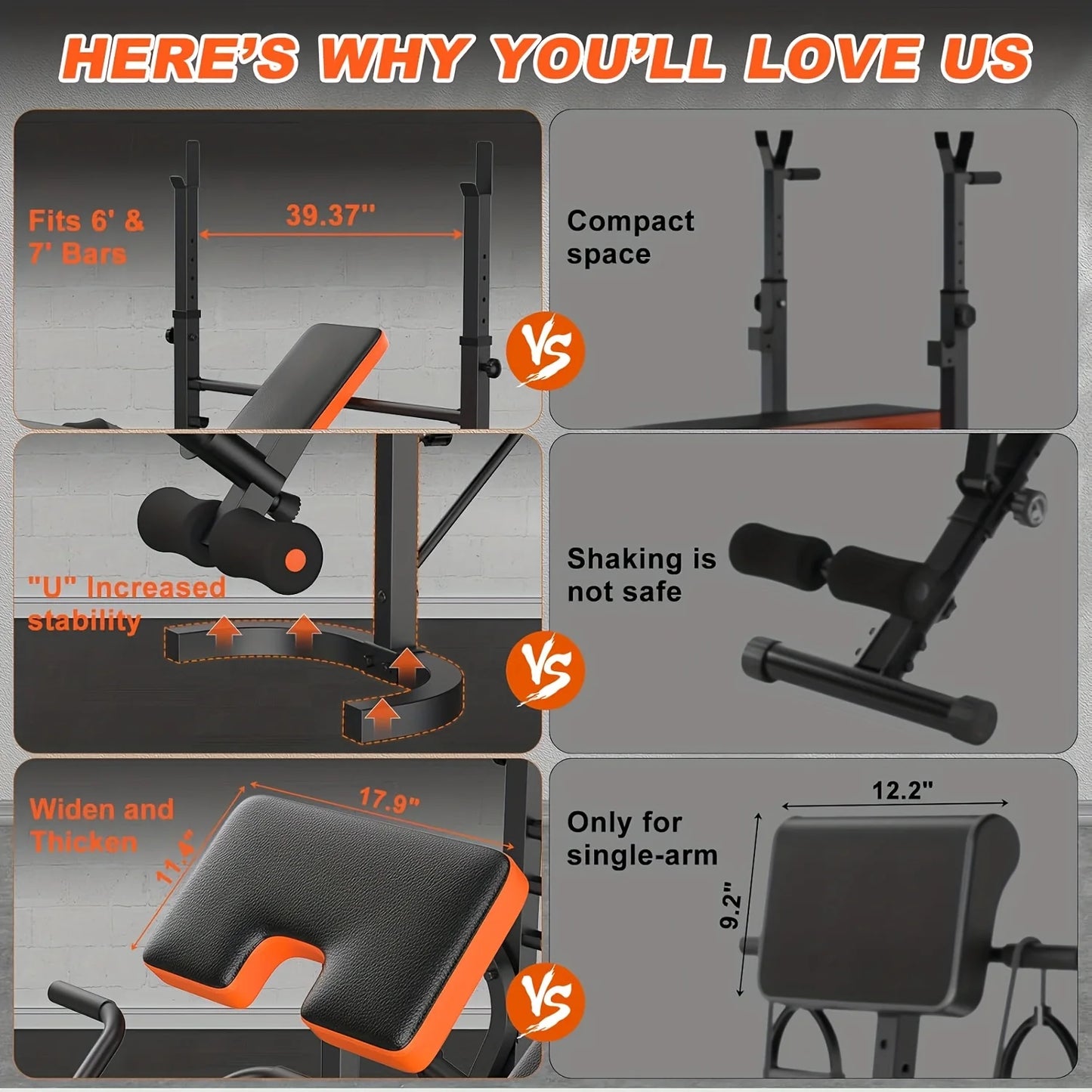 6-in-1 Heavy Duty Weight Bench Set with Adjustable Squat Rack, Leg Developer & Preacher Curl Pad - Foldable Home Gym System