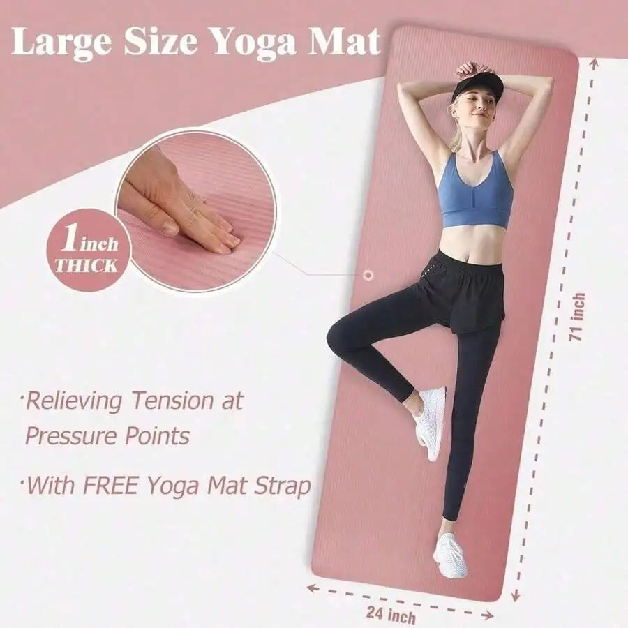Yoga Mat 1-Inch Extra Thick High-Density Exercise Mat With Non-Slip Surface & Carry Strap