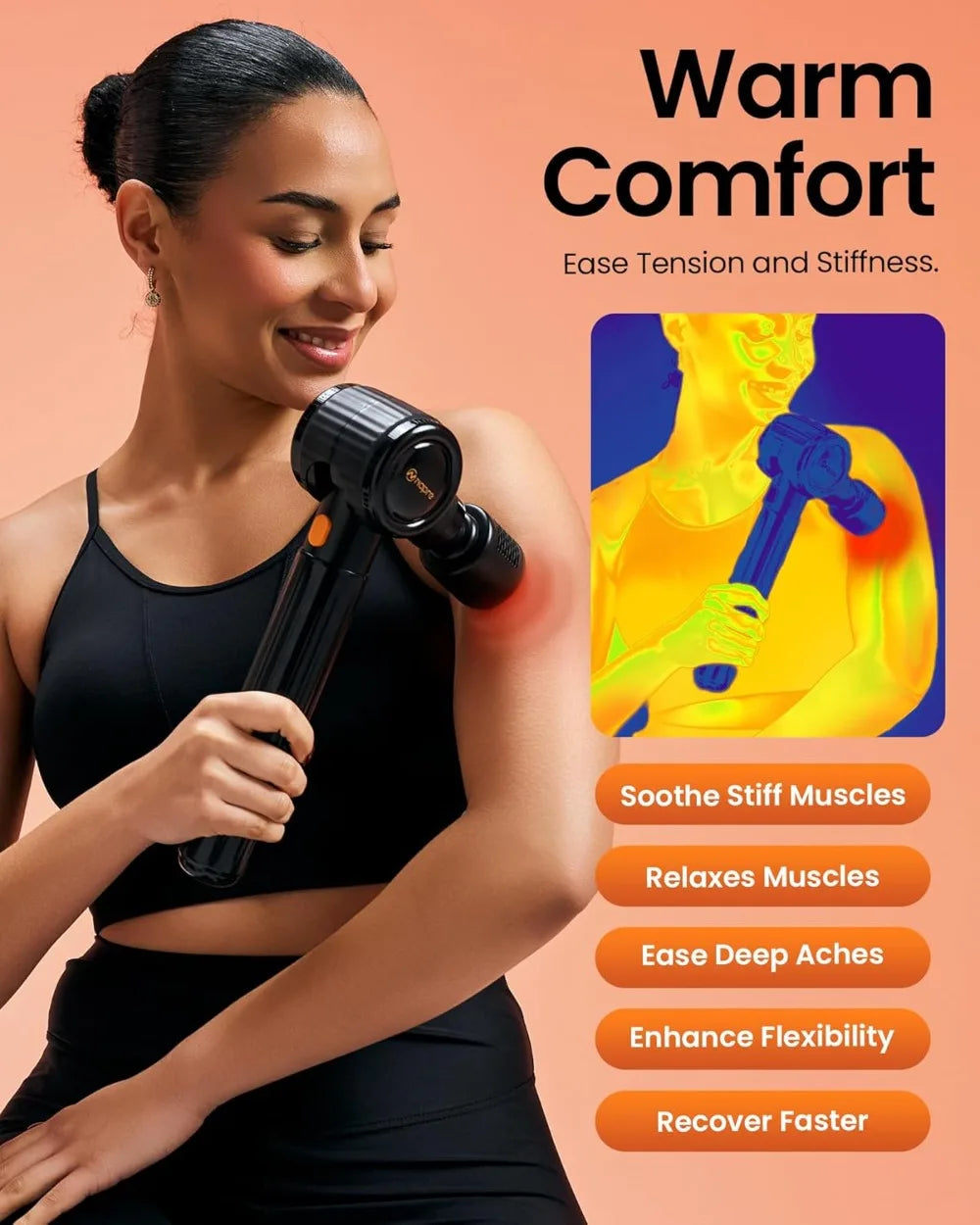 Hot & Cold Massage Gun with Long Handle, 3 Adjustable Angles, 6 Heads, Deep Tissue Percussion for Muscle Pain Relief, Portable Case