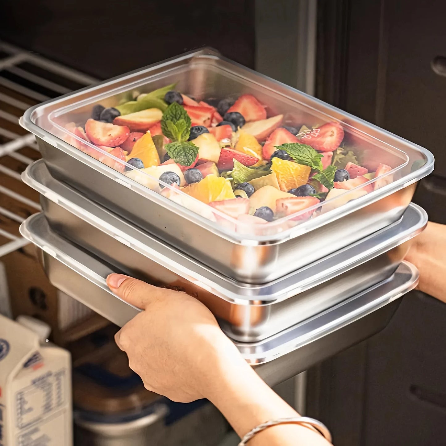 3pcs Stainless Steel Food Containers & Lunch Box, Leakproof Stackable Clear Lids, Kitchen Items