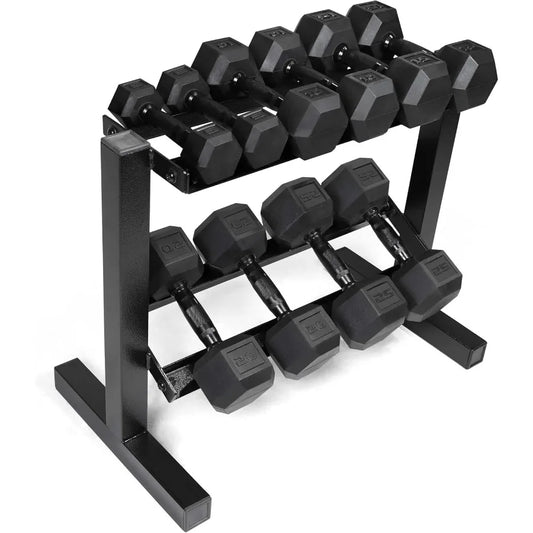 150 lb Dumbbell Set with 2-Tier Rack | 150bs Set - Black Handles