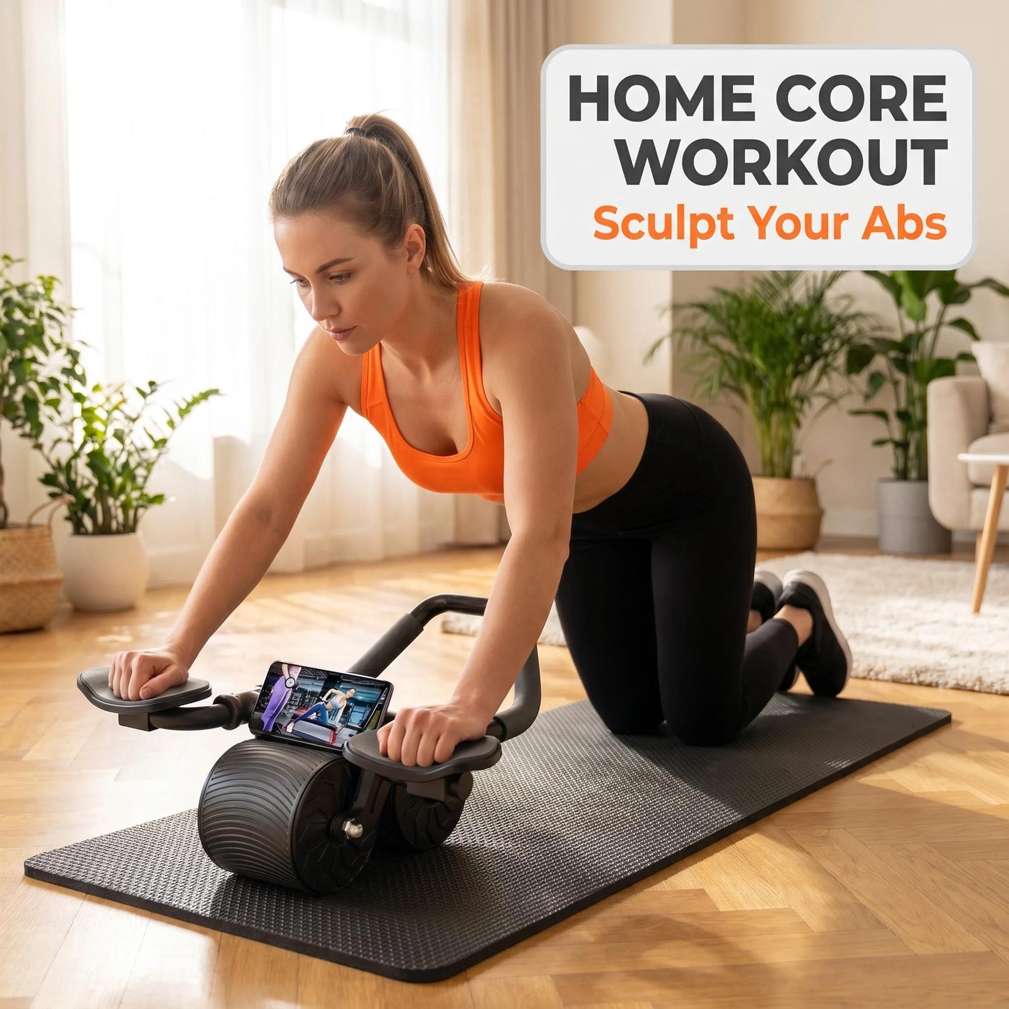 3 IN 1 Core Workout Ab Roller With Knee Pad Phone Holder Timer Home Fitness Black