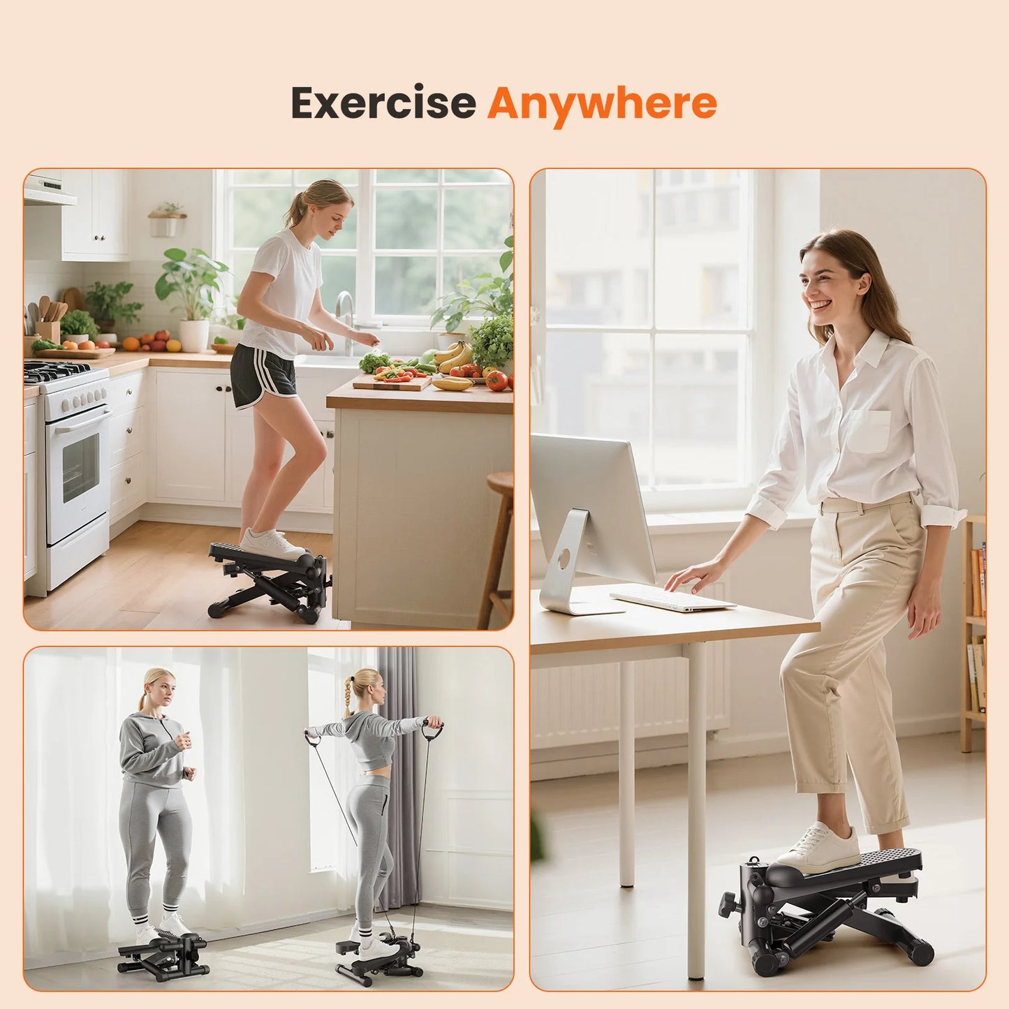 Mini Stepper with Resistance Bands 300 LBS Weight Capacity Hydraulic Home Stepper Machine Compact Cardio Equipment with LCD Monitor No Assembly Required