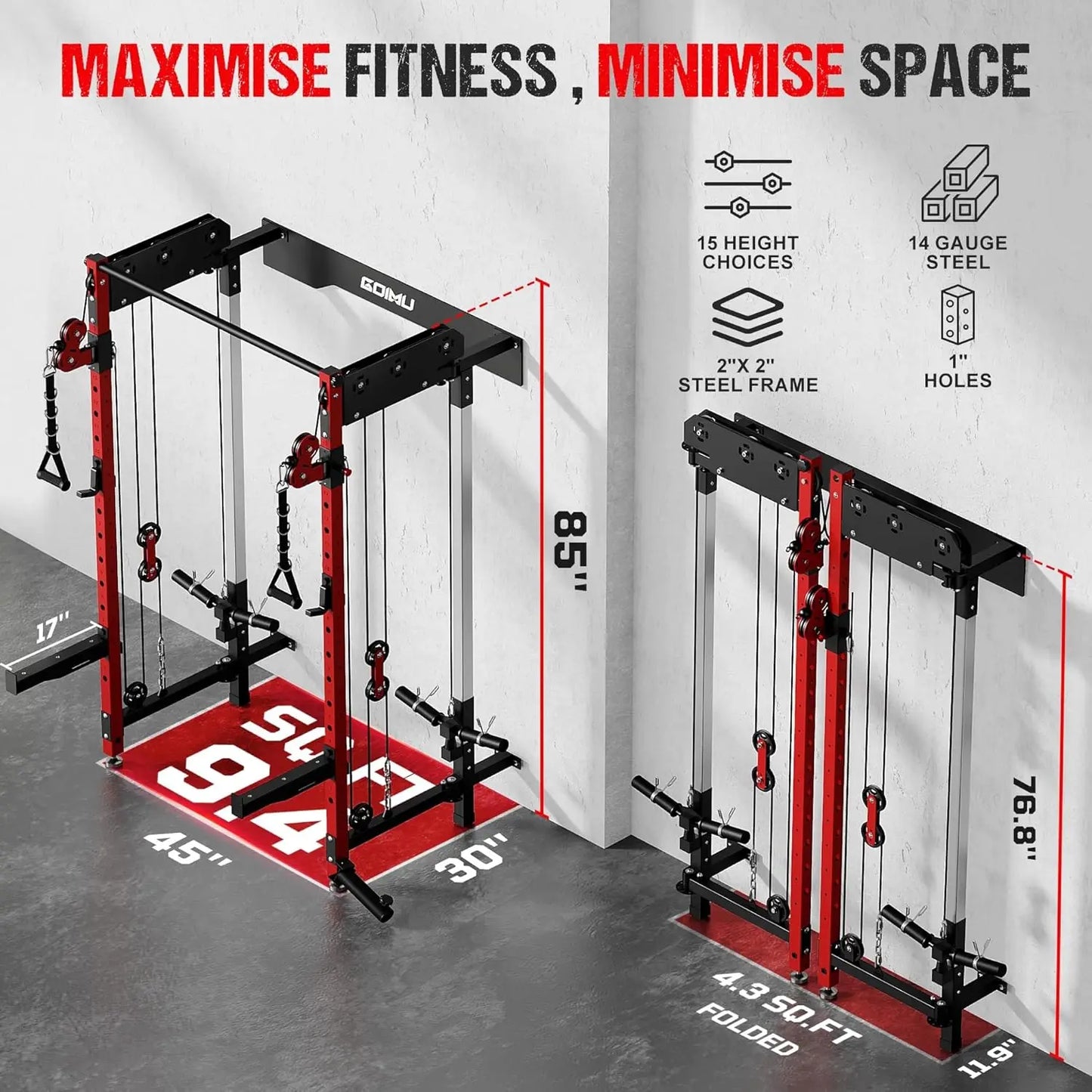 WM3-V4 Folding Squat Rack, Wall Mounted Power Rack with Dual Independent Pulley System, Functional Trainer with 5, Custom