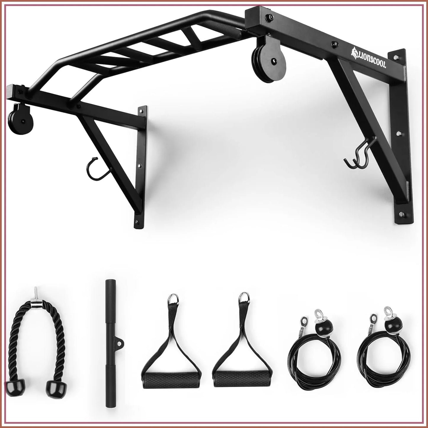 Multifunctional Wall Mounted Pull Up Bar with Pulley System, 48" Multi-Grip Chin Up Bar, Cable Attachments Included for Upper Body Workouts