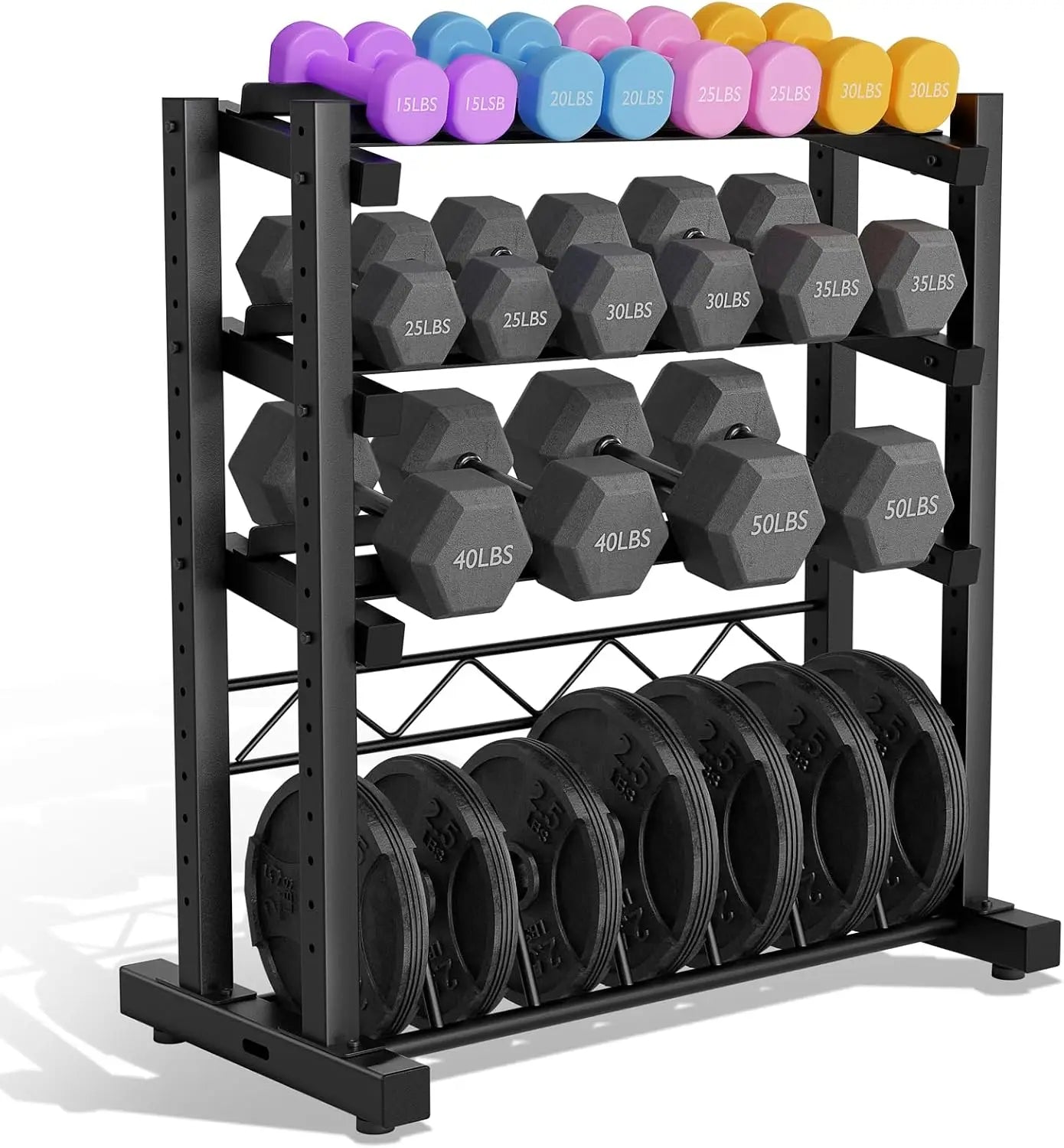 Upgraded Four Tier Dumbbell Rack, 1100LBS Weight Rack for Home Gym, Barbell Holder Bumper Plate Storage Rack with Adjustable Height and Width Design, Heavy Duty Weight Storage Organizer