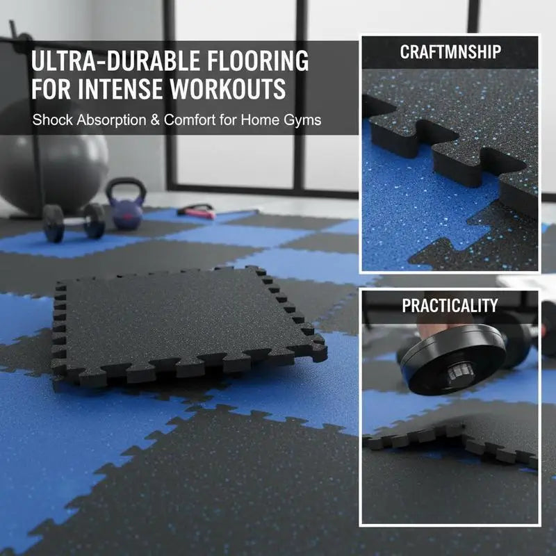 Rubber Top Workout Flooring 25" x 25" x 0.56" For Home Gym, Garage, Fitness Studio, 12 Tiles Interlocking Puzzle Mats High Density EVA Foam 48 Sq.Ft Coverage Black & Blue