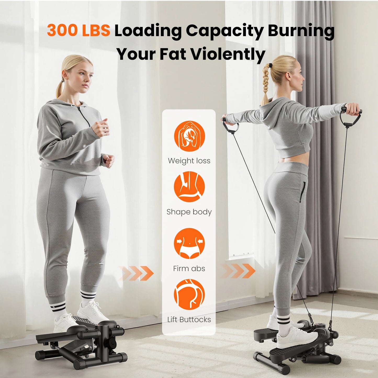 Mini Stepper with Resistance Bands 300 LBS Weight Capacity Hydraulic Home Stepper Machine Compact Cardio Equipment with LCD Monitor No Assembly Required