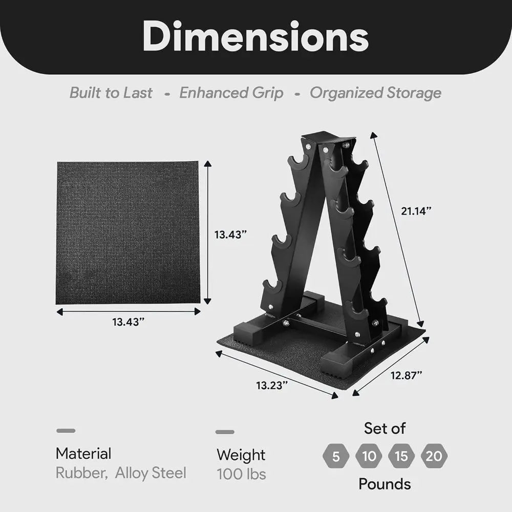 Rubber Coated Hex Dumbbell Set With Storage Rack 100LB Kit 5-20LB Pair Home Fitness Training Weights
