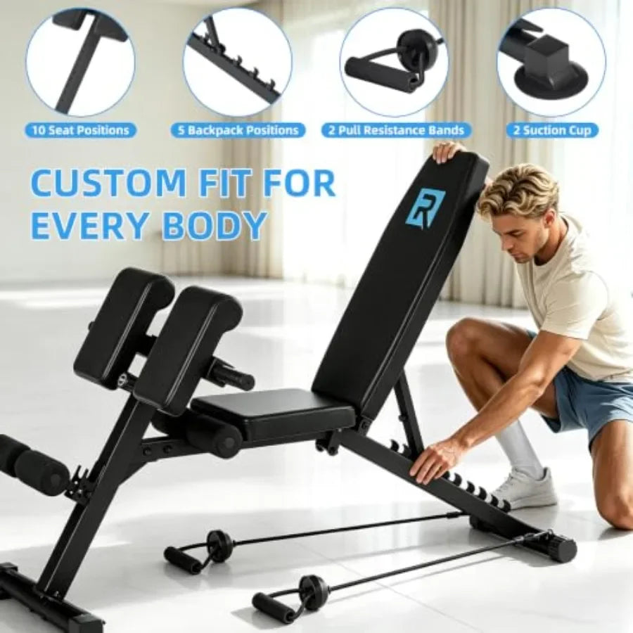Multi-Functional Weight Bench Adjustable Roman Chair Ab Trainer for home gym use, steel frame, black, foldable and space-saving