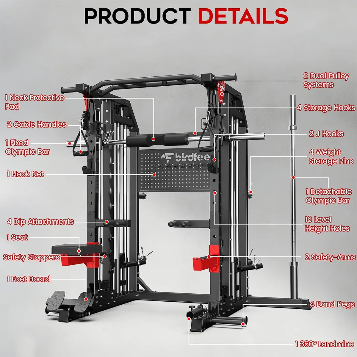 Pooboo Multi-Function 2000LB Power Cage Smith Machine, Dual Pulley Cable Crossover | Home Gym Squat Rack Featuring LAT Pulldown & Strength Training Attachments, Pegboard