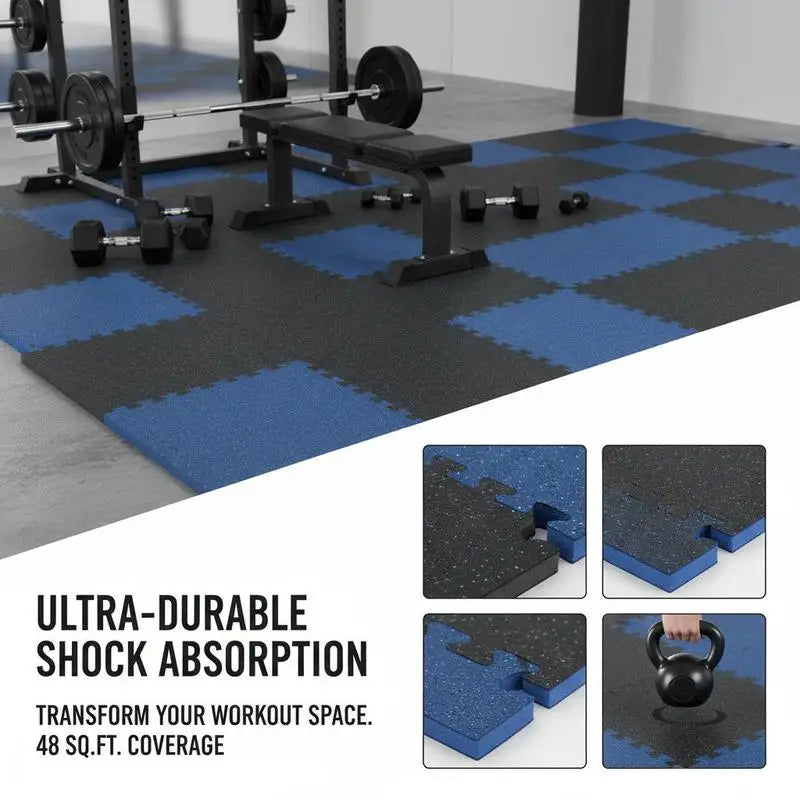 Rubber Top Workout Flooring 25" x 25" x 0.56" For Home Gym, Garage, Fitness Studio, 12 Tiles Interlocking Puzzle Mats High Density EVA Foam 48 Sq.Ft Coverage Black & Blue