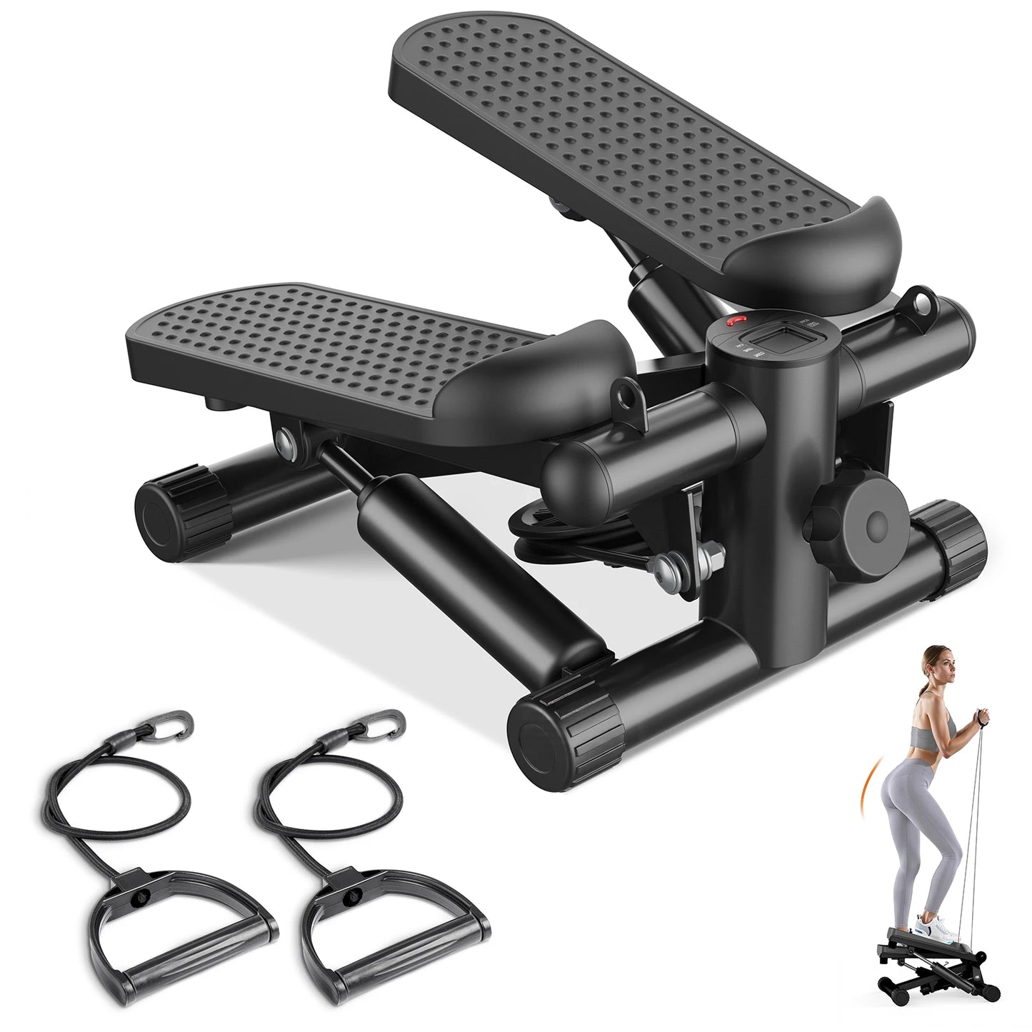 Mini Stepper with Resistance Bands 300 LBS Weight Capacity Hydraulic Home Stepper Machine Compact Cardio Equipment with LCD Monitor No Assembly Required
