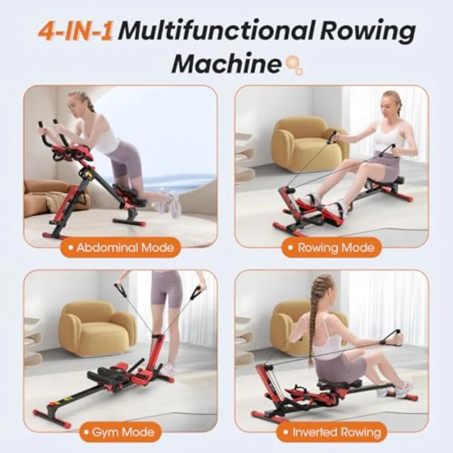 Rowing Machine, 4 in 1 Rowing and Ab Machine with 2 Levels of Workout Resistance, Quiet & Foldable Rower Machine with 3 Adjusta