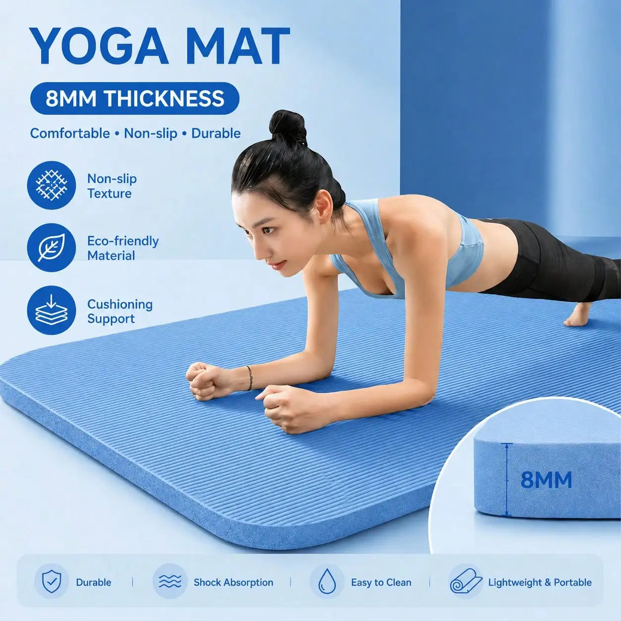 Yoga Mat 8mm Thick W/Nylon Strap For Men & Women - Non Slip Exercise Mat For Home Yoga, Pilates, Stretching, Floor & Fitness Workouts